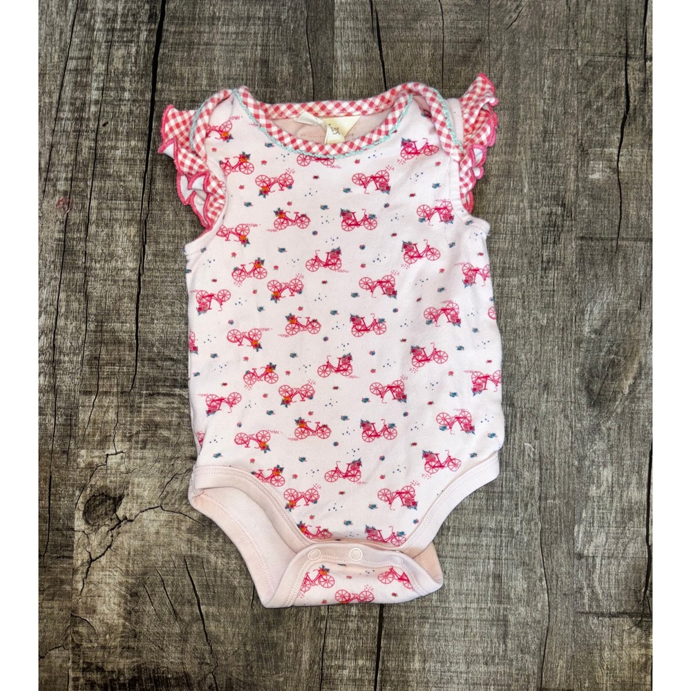 Matilda Jane Baby Girl Bicycle Print Ruffle Bodysuit Pink Gingham 6-12M
